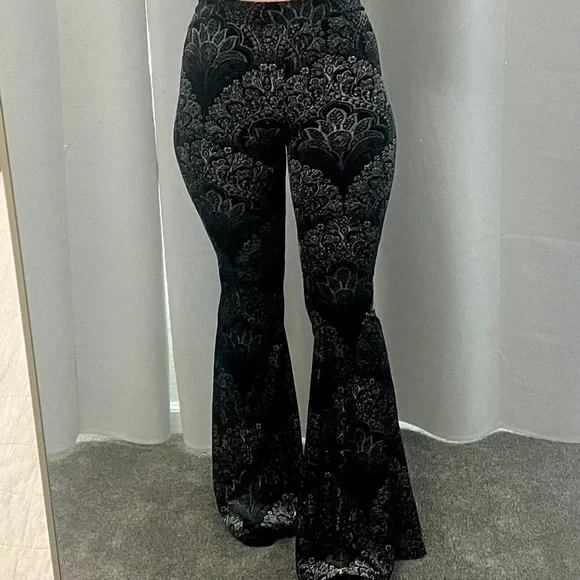 Reverof black velvet paisley print flare fitted pants XS - Picture 4 of 12